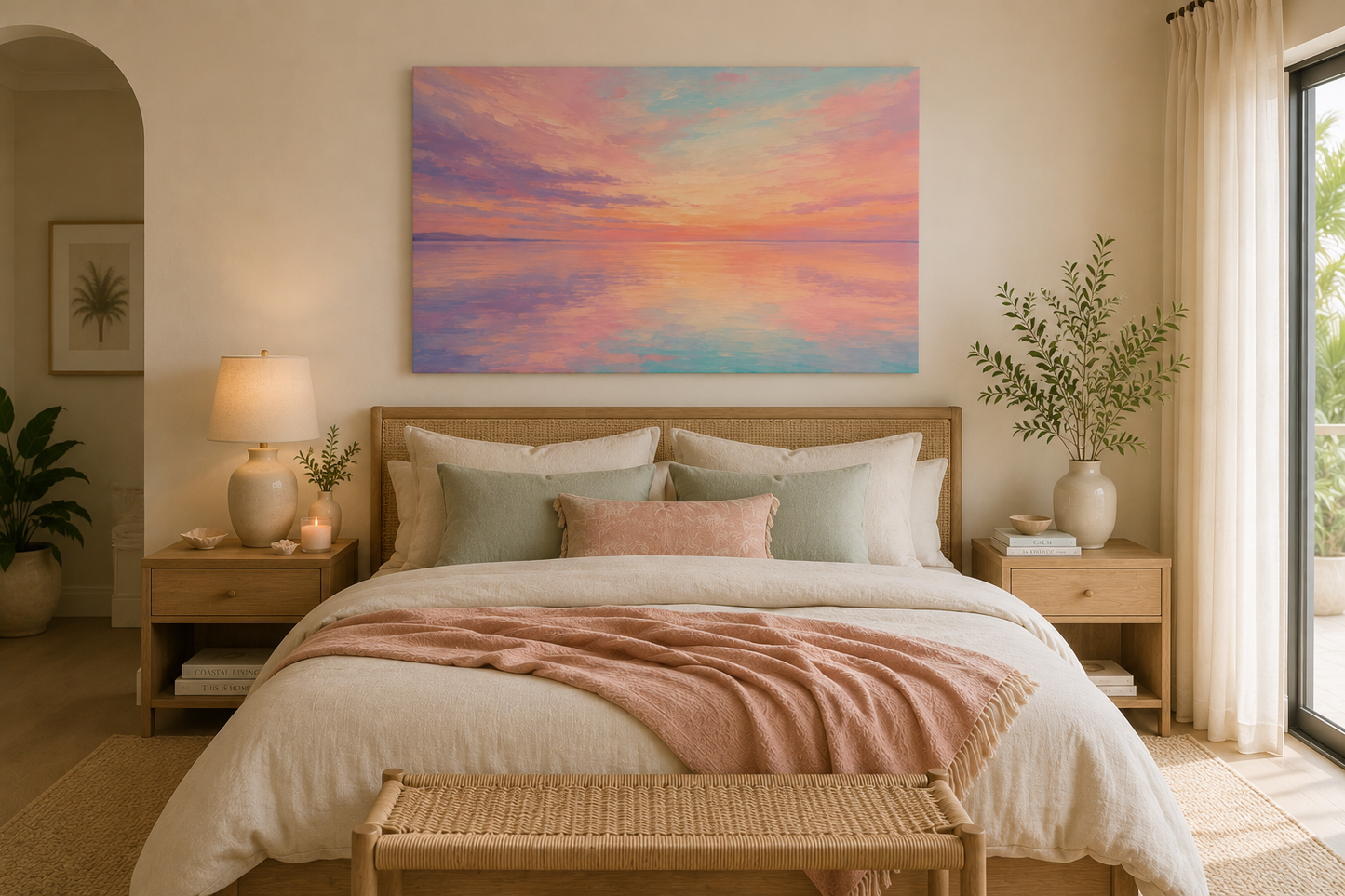 Sunset Sea Reflection Canvas Wall Art — Pastel Beach Sunset Landscape, Stretched 1.25"