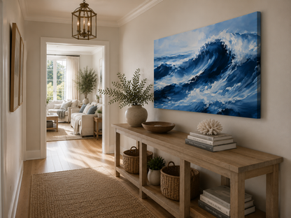 A large square canvas wall art print depicting a dramatic blue ocean wave, styled in a bright, modern hallway above a wooden console table.
