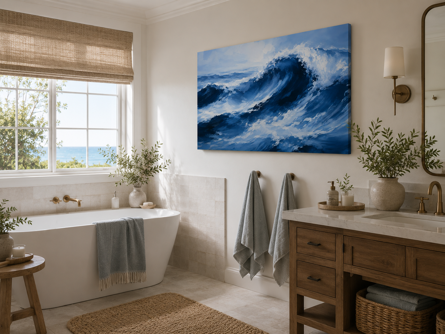 A large square canvas wall art print depicting a dramatic blue ocean wave, displayed in a bright, modern bathroom above a wooden vanity and next to a freestanding bathtub.
