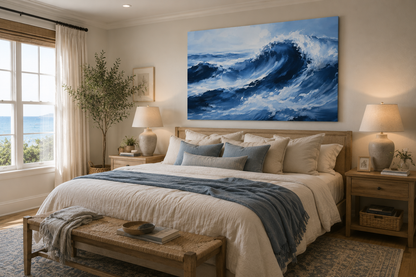 A large rectangular canvas print of a powerful blue ocean wave is displayed on the wall above a neatly made bed in a modern, warm-toned bedroom.