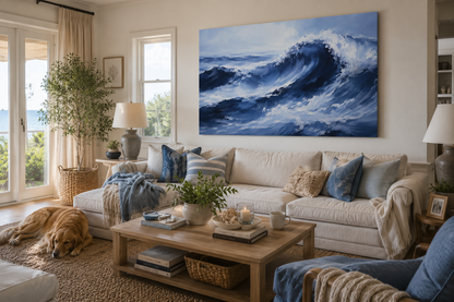 A large rectangular canvas wall art print depicting a dramatic blue ocean wave, displayed in a beautifully styled living room above a cream-colored sectional sofa with blue and neutral pillows.