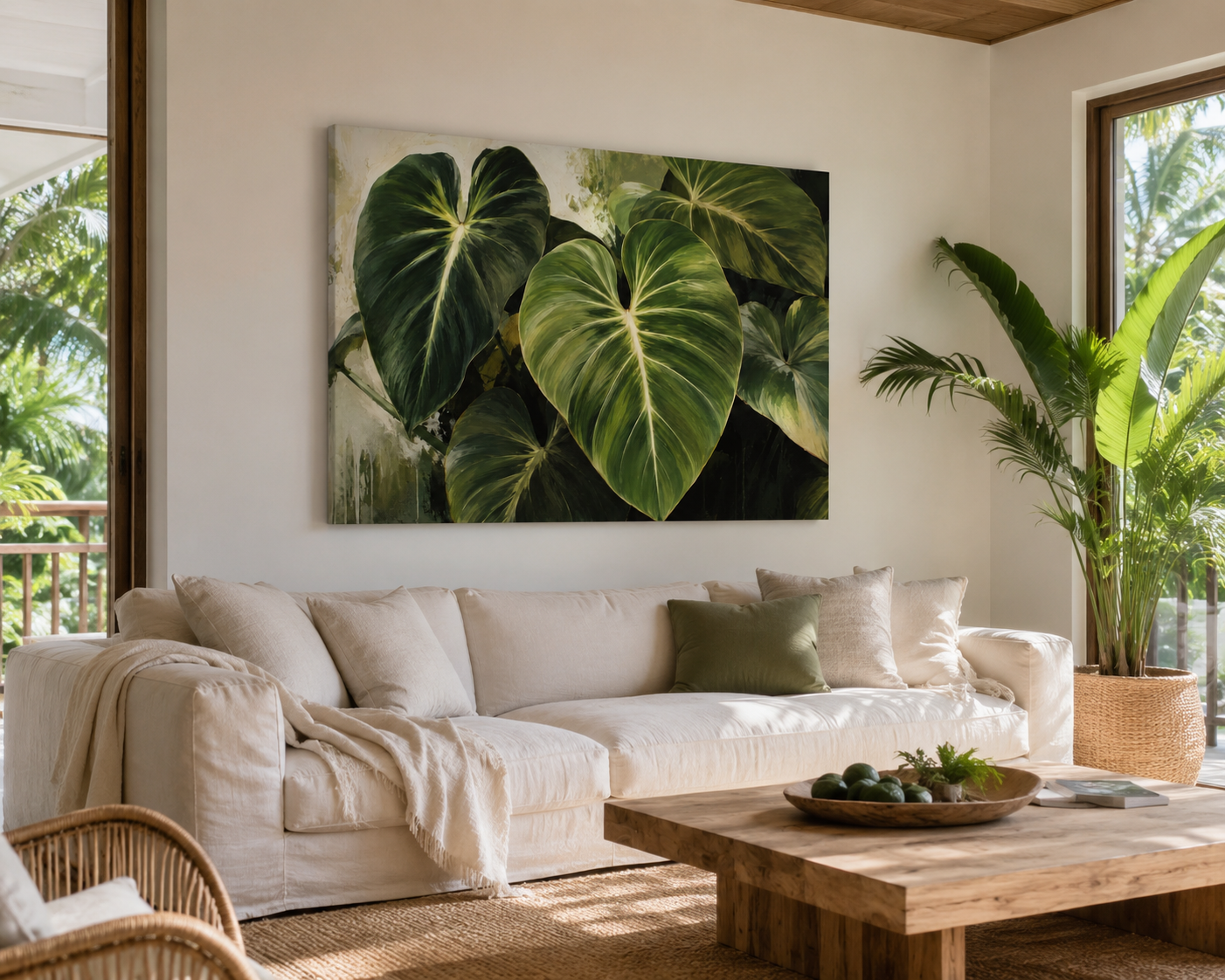 A large rectangular wall art print featuring oversized green tropical monstera leaves, displayed above a white sofa in a bright, modern living room with a wooden coffee table and potted plant.