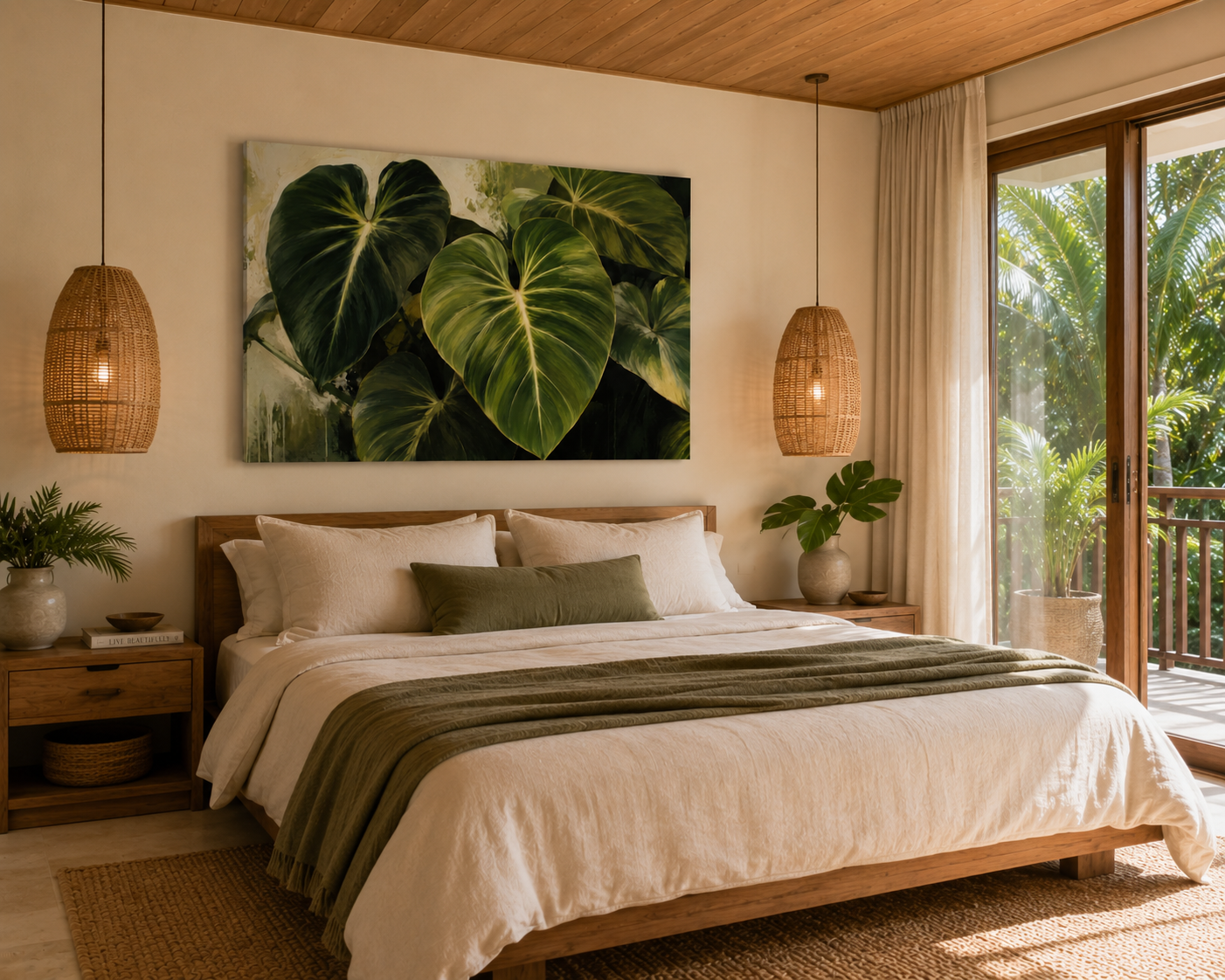 A large rectangular wall art print featuring oversized green tropical monstera leaves, displayed above a neatly made bed in a warm, modern bedroom with wood ceiling, woven pendant lights, and a balcony view.
