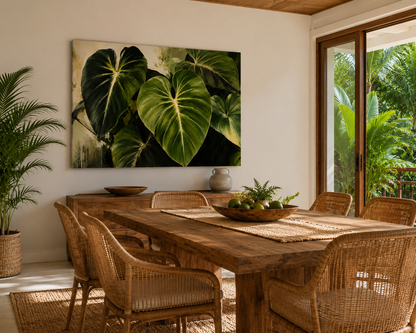 A large rectangular wall art print featuring oversized green tropical leaves, displayed above a wooden dining table in a bright, modern room with wicker chairs and plants.