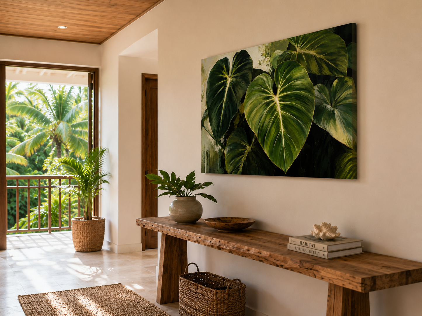 Large rectangular wall art featuring a tropical green monstera leaf print, displayed in a modern interior hallway above a rustic wooden console table.