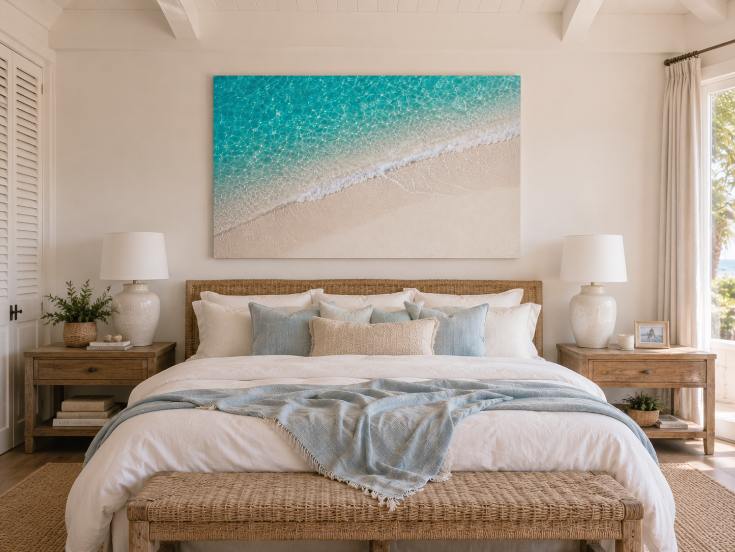 A large rectangular canvas wall art print depicting a turquoise ocean wave washing onto a sandy beach, displayed above a neatly made bed in a bright, modern bedroom.