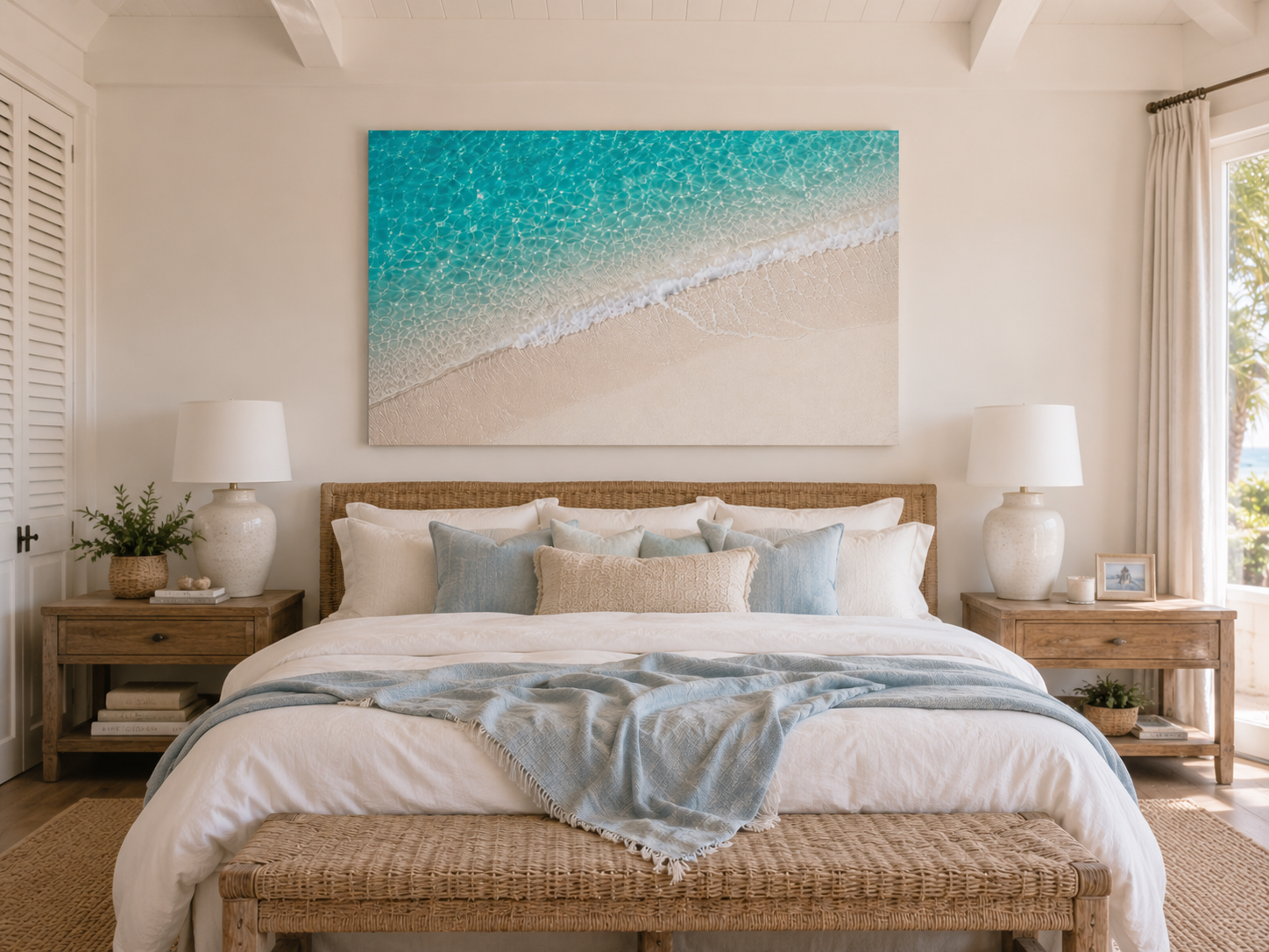 A large rectangular canvas wall art print depicting a turquoise ocean wave washing onto a sandy beach, displayed above a neatly made bed in a bright, modern bedroom.