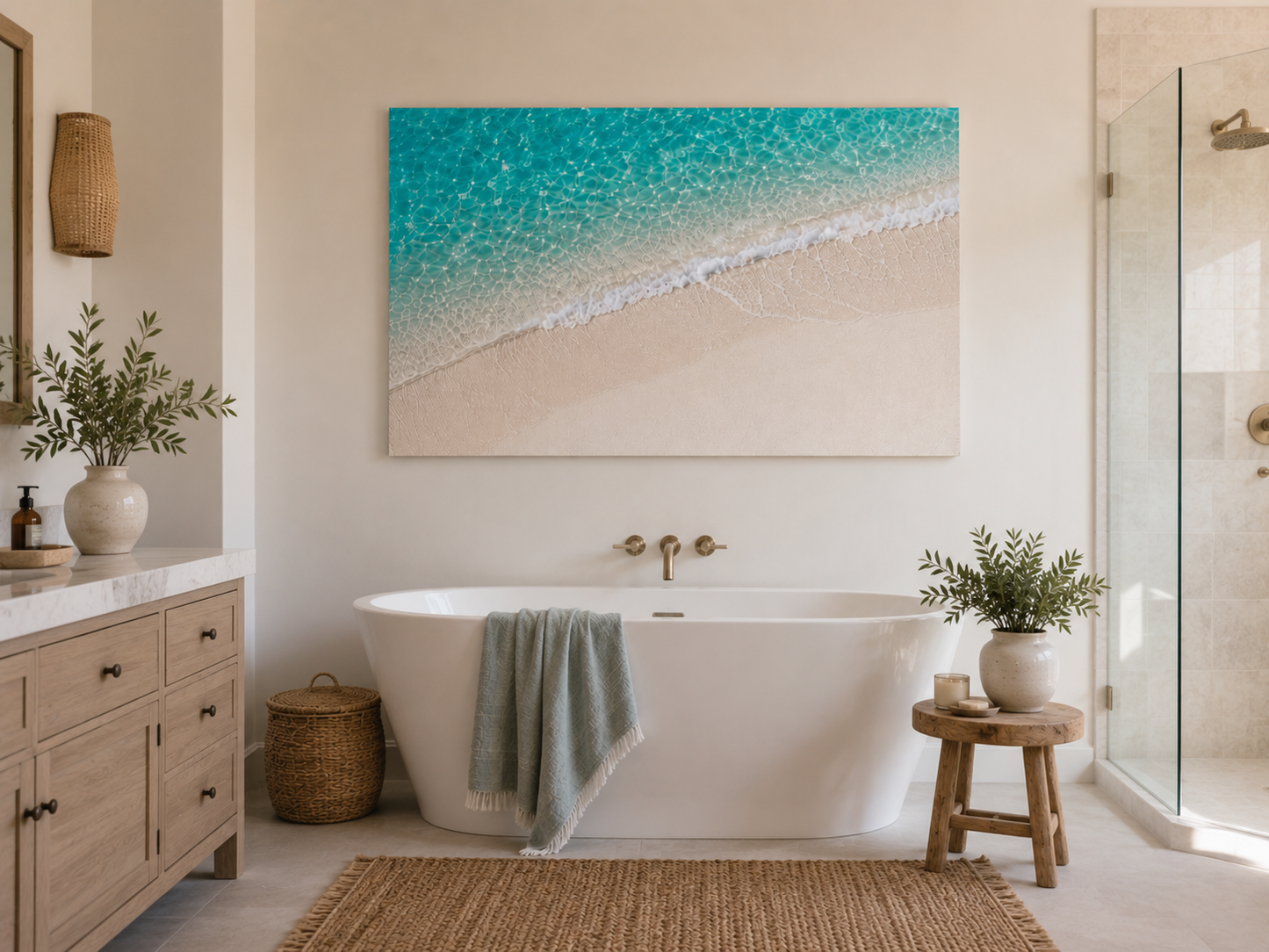A large rectangular wall art print depicting a turquoise ocean shoreline with white sand, displayed above a white freestanding bathtub in a bright, neutral-toned bathroom.