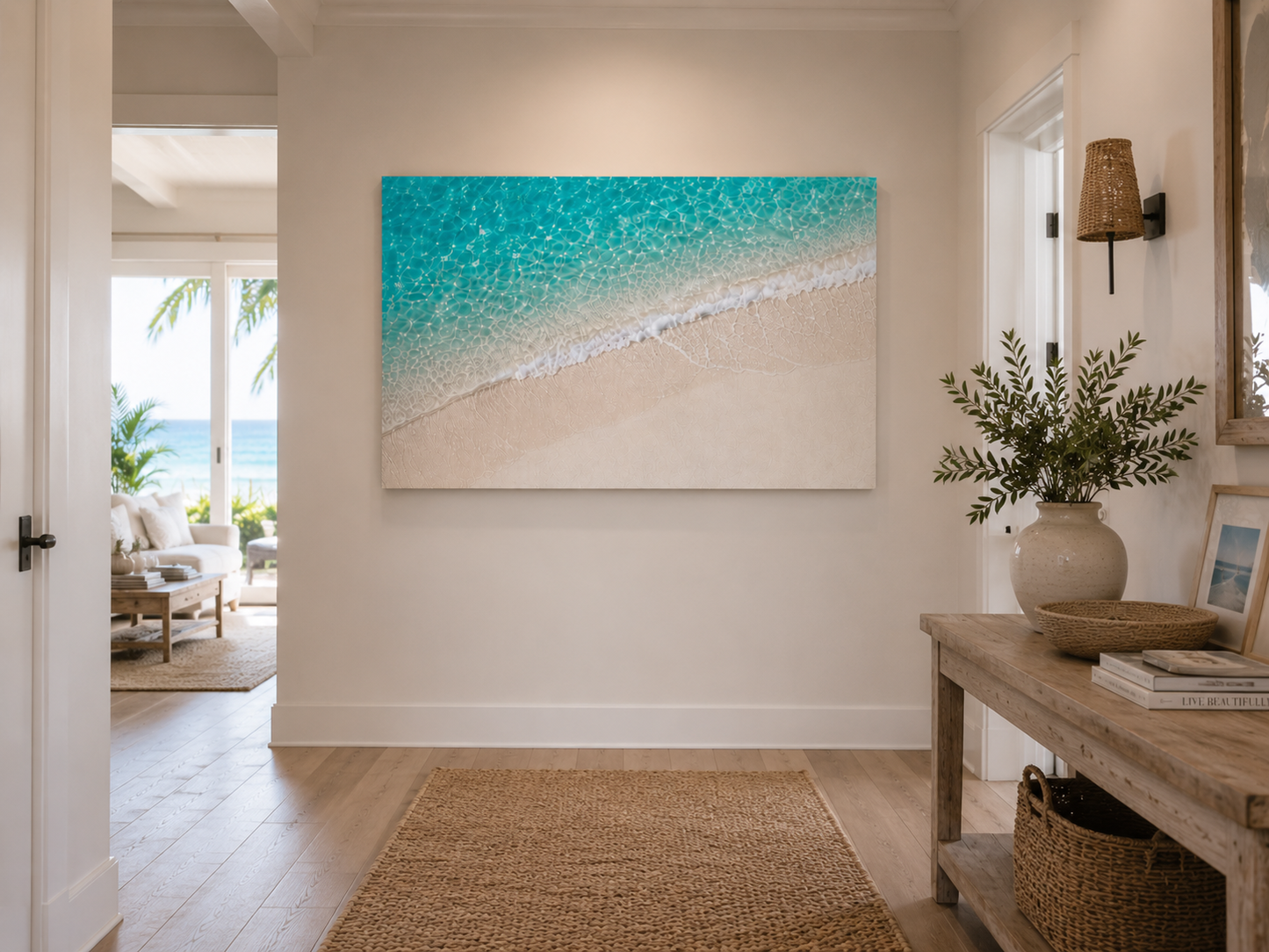 A large square canvas wall art print depicting a turquoise ocean wave meeting a sandy beach, displayed in a bright, modern hallway with light wood floors and a rustic console table.
