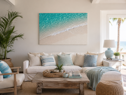 A large rectangular canvas wall art print depicting a turquoise ocean wave crashing onto a sandy beach, displayed above a white sofa in a bright, modern living room.