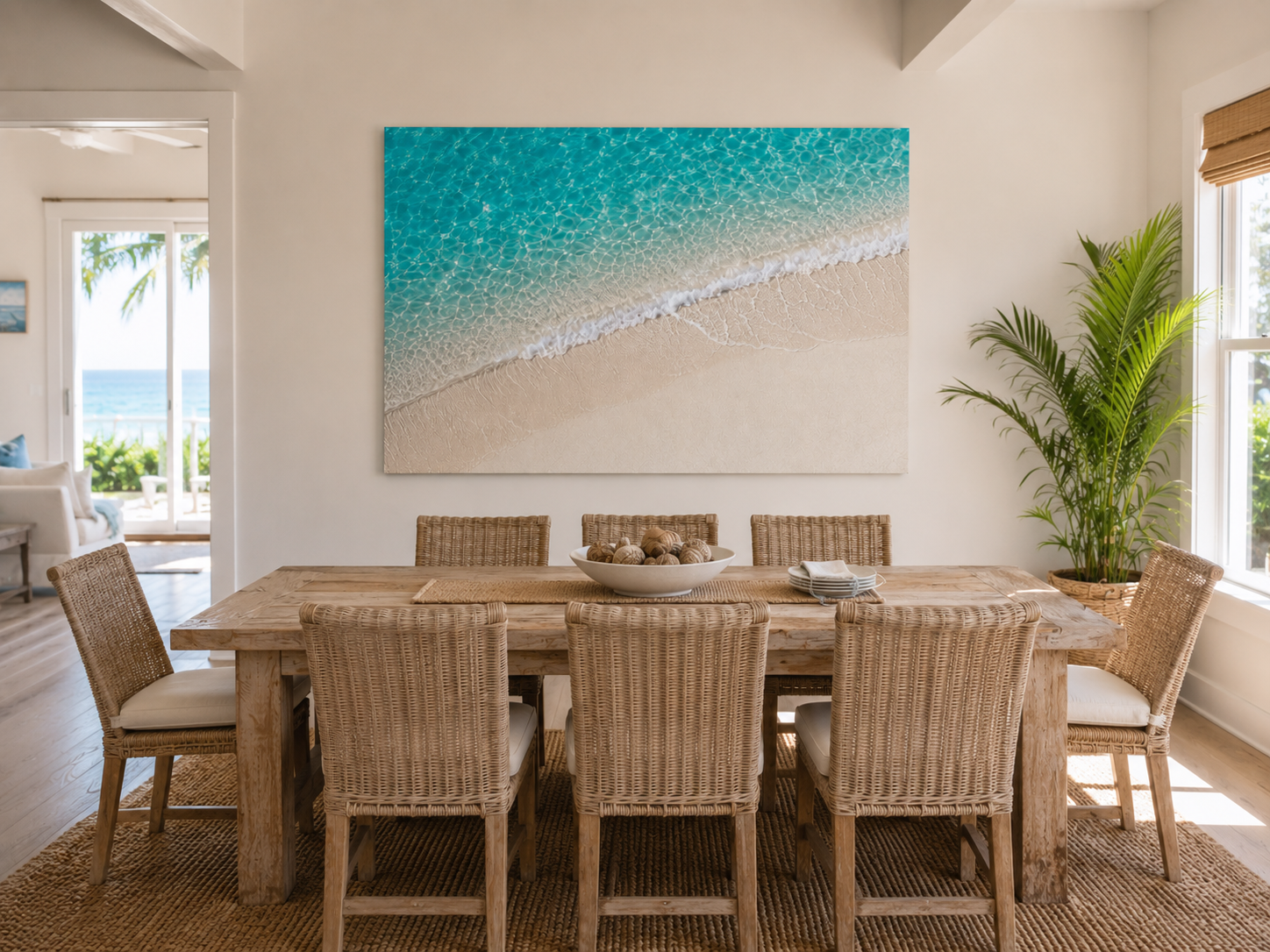 A large rectangular wall art print depicting a turquoise ocean shoreline meeting pale sand, displayed above a wooden dining table with woven chairs in a bright coastal-style dining room.