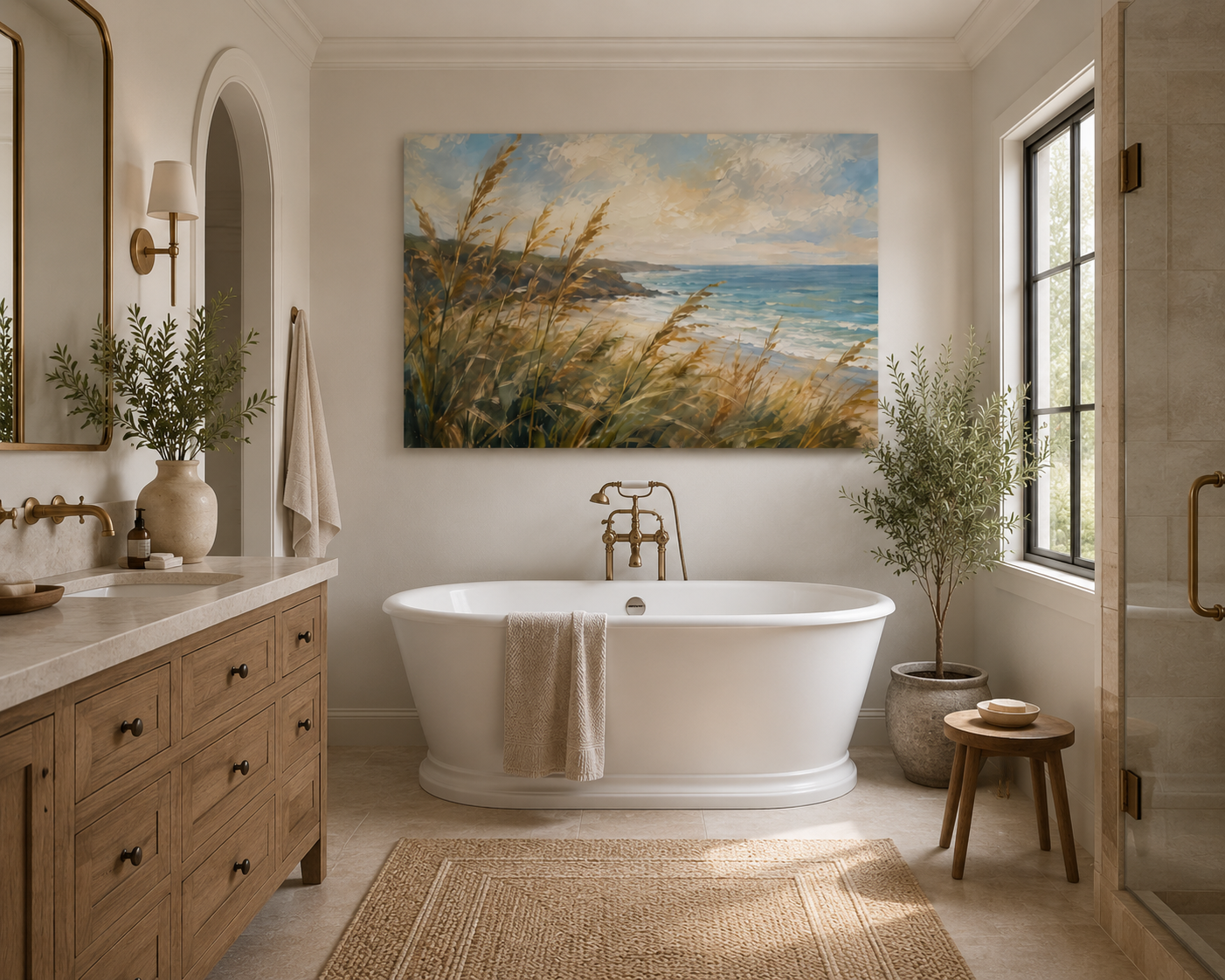 A large rectangular coastal landscape painting hangs on a beige wall above a white freestanding bathtub in a bright, modern bathroom with wood cabinetry, a window, plants, and a woven rug.
