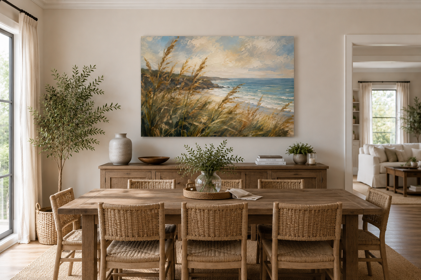 A large square canvas painting of a beach scene with golden grasses hangs on a beige wall above a wooden dining table and chairs in a bright, modern dining room.