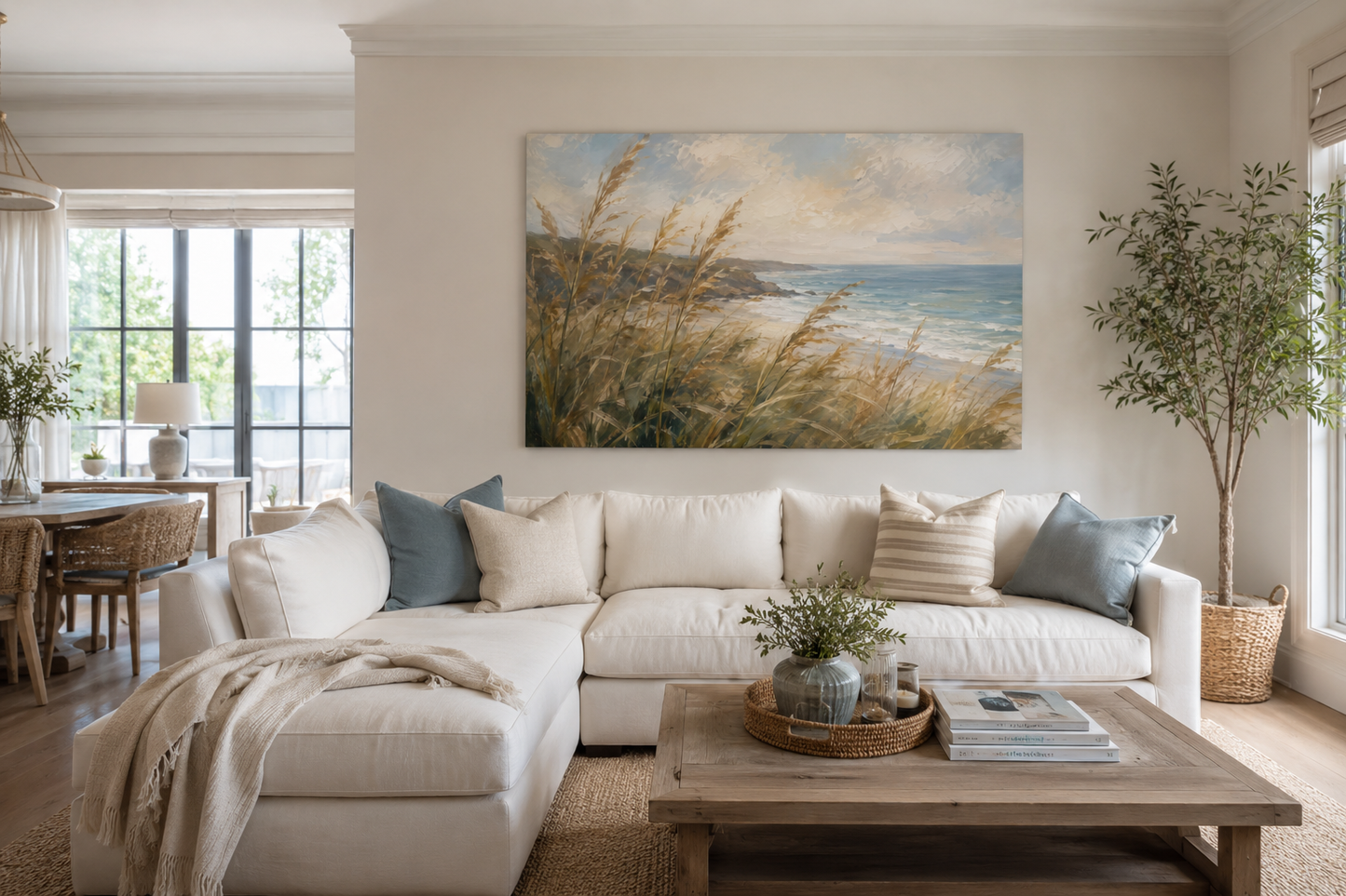A large rectangular canvas painting of a beach and dune grasses hangs on a cream wall above a white sectional sofa in a bright, modern living room.