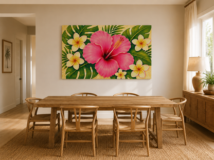 A large rectangular wall art print featuring a bright pink hibiscus flower with green tropical leaves and white plumeria flowers, displayed above a wooden dining table in a warm, modern dining room.