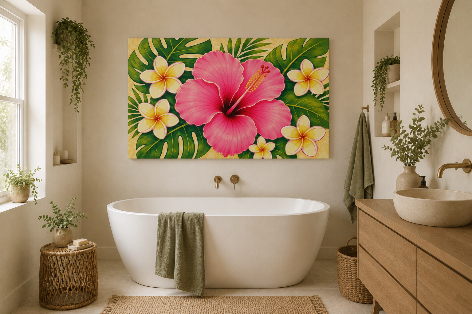 A large rectangular wall art print featuring a bright pink hibiscus flower and tropical green leaves, displayed above a white freestanding bathtub in a styled bathroom with wood cabinetry, a vessel sink, and plants.