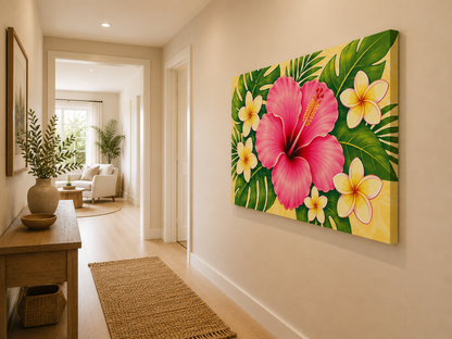 A vibrant tropical floral wall art print featuring a large pink hibiscus, yellow plumeria, and green leaves on a yellow background, displayed on a beige wall in a modern hallway.