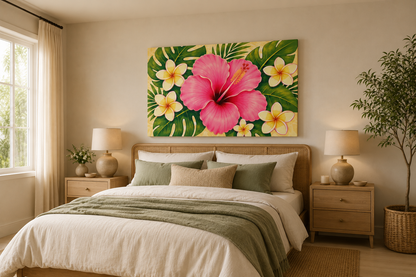 A large rectangular wall art print featuring a bright pink hibiscus flower and yellow flowers with green tropical leaves, displayed above a neatly made bed in a warm, modern bedroom.
