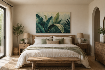 A styled bedroom interior featuring a large rectangular wall art print with green tropical leaves above a wooden bed. The room has beige walls, a wood bed frame, matching nightstands, lamps, a bench at the foot of the bed, and a window with curtains on the left.