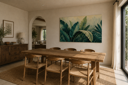 A large rectangular wall art print featuring green tropical banana leaves, displayed in a dining room above a wooden dining table and chairs.