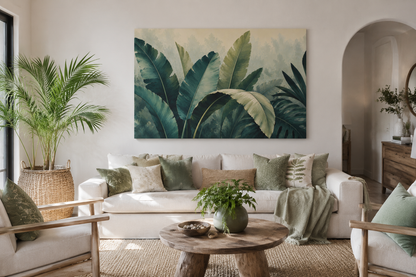 A large rectangular wall art print featuring oversized green tropical banana leaves hangs above a white sofa in a bright, modern living room with neutral-toned furniture and plants.