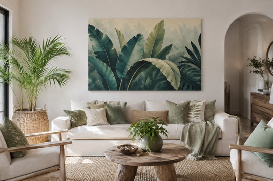 A large rectangular wall art print featuring oversized green tropical banana leaves hangs above a white sofa in a bright, modern living room with neutral-toned furniture and plants.