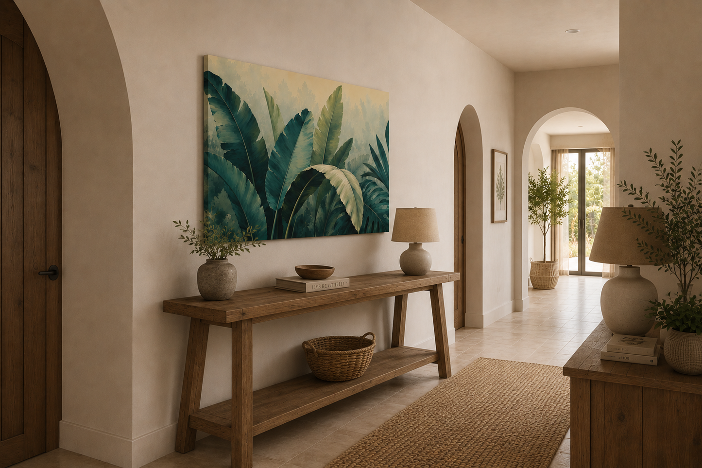A large rectangular wall art print featuring green tropical banana leaves on a cream background, displayed in a warm, modern interior hallway above a wooden console table.