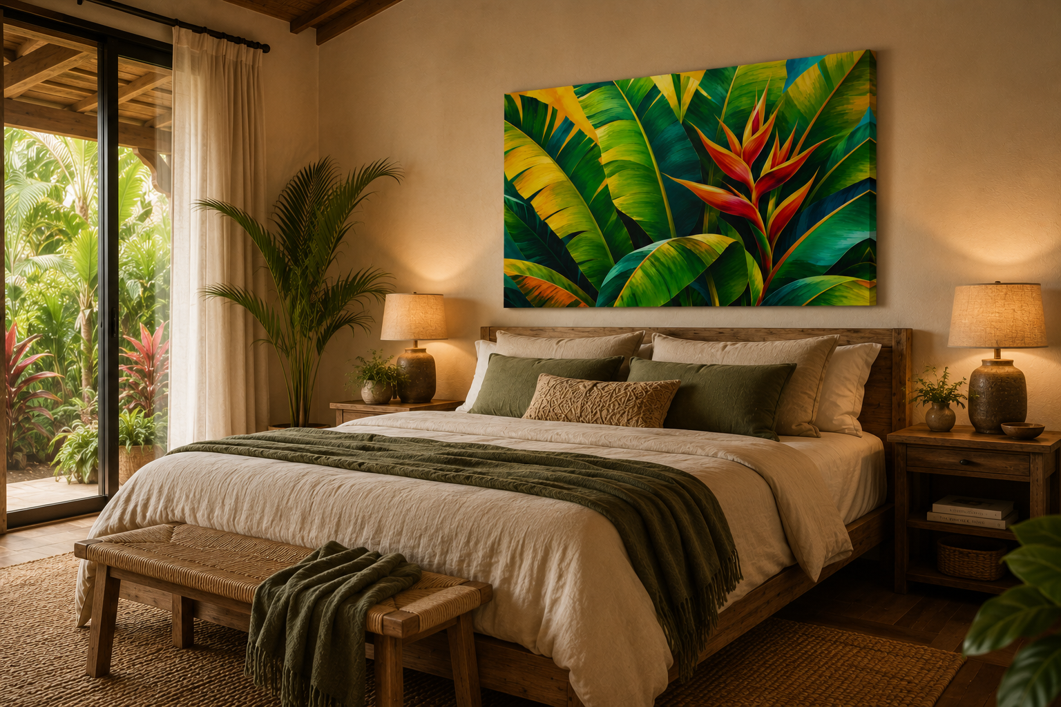 Vibrant large heliconia wall art above a bed in a tropical bedroom.