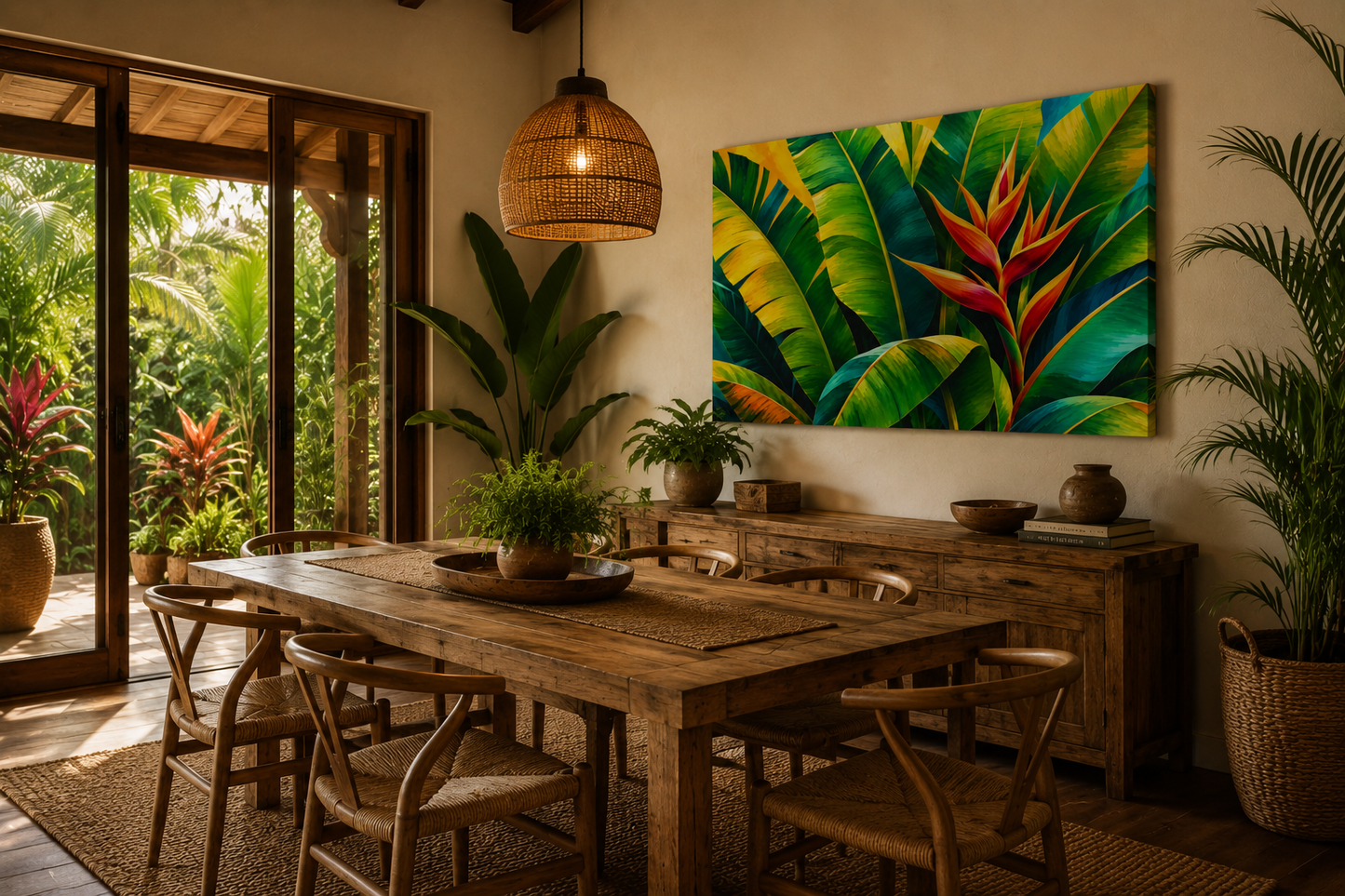 A large rectangular canvas wall art print featuring a vibrant tropical heliconia flower and green banana leaves, displayed in a warm, rustic dining room setting above a wooden dining table.
