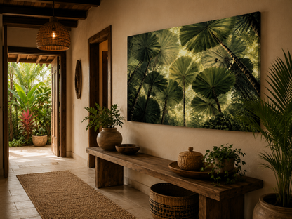 A large rectangular wall art print depicting a lush green tropical palm forest hangs on a warm beige wall in a styled interior hallway with a wooden bench, plants, and an open doorway leading outside.