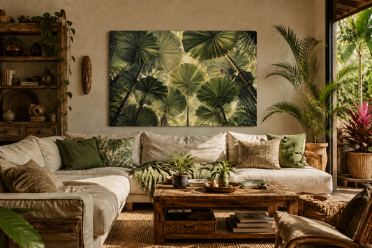 A large rectangular wall art print featuring a lush green tropical palm frond pattern, displayed in a styled boho living room above a cream sectional sofa with green and beige pillows.