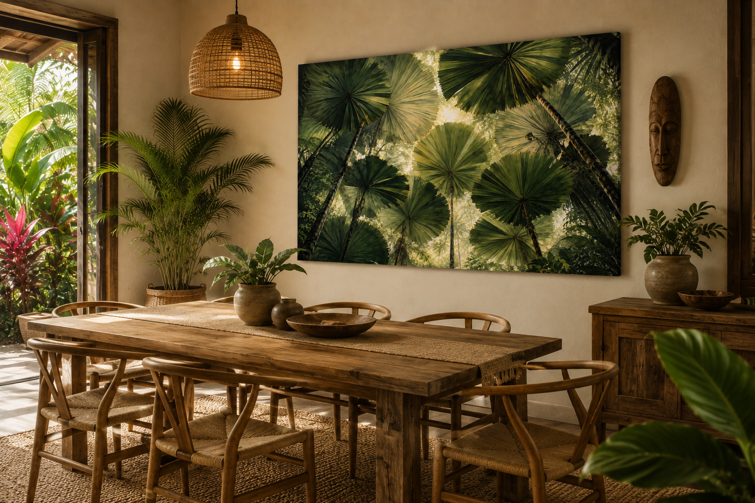 A large rectangular wall art print featuring a lush green tropical palm leaf pattern, displayed in a warm, rustic dining room setting above a wooden dining table.