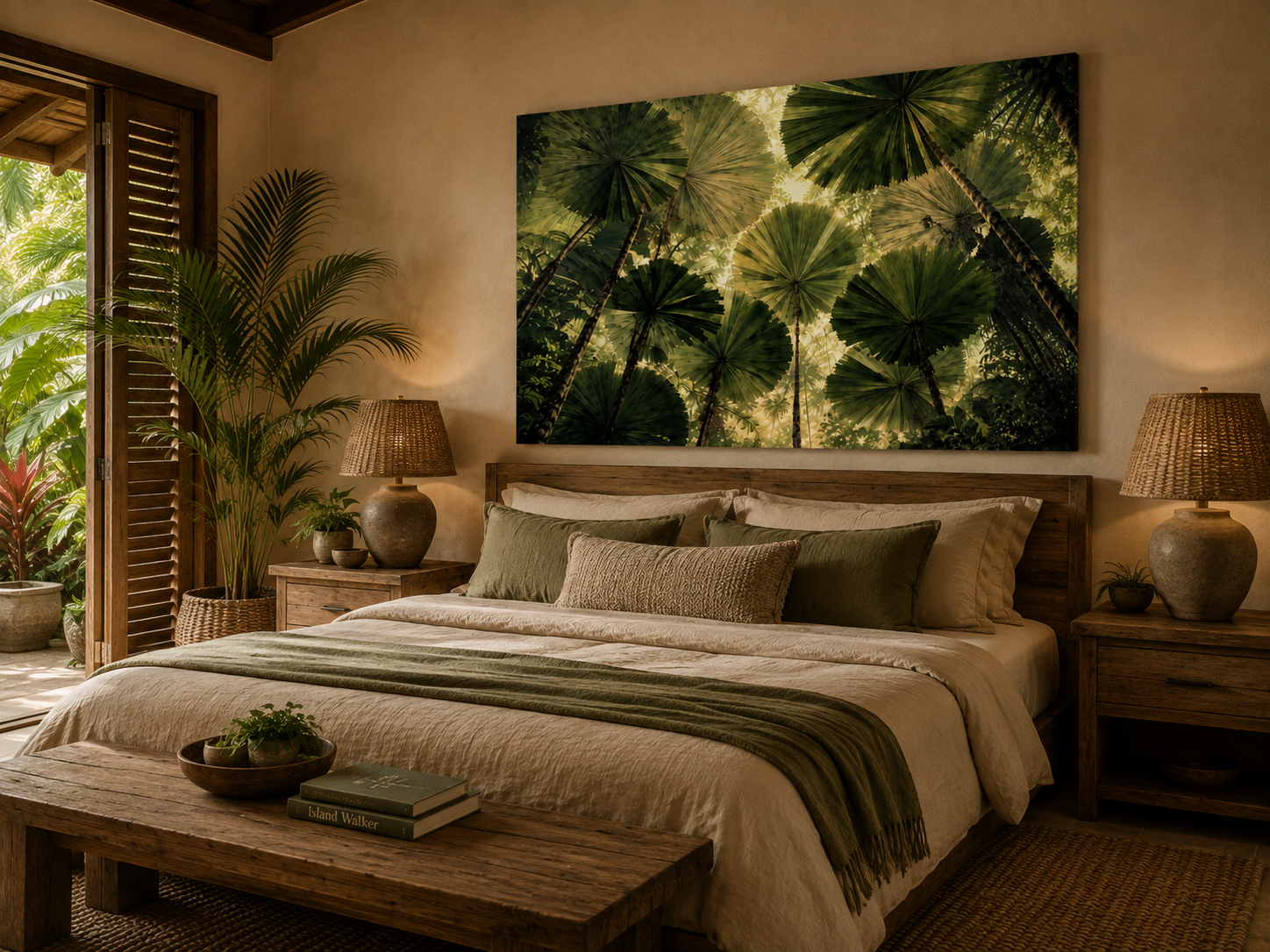 A large rectangular wall art print depicting a lush green tropical palm forest hangs above a bed in a warm, rustic bedroom with wood furniture, lamps, and plants.
