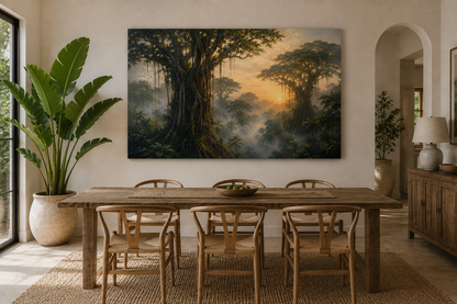 A large rectangular canvas print of a misty forest with hanging vines and a glowing sunrise hangs on a beige wall above a wooden dining table and chairs in a styled interior room.