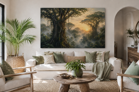 A large rectangular forest painting hangs on a white wall above a white sofa in a styled living room. The artwork depicts a misty jungle scene with tall trees and a warm golden sunset.