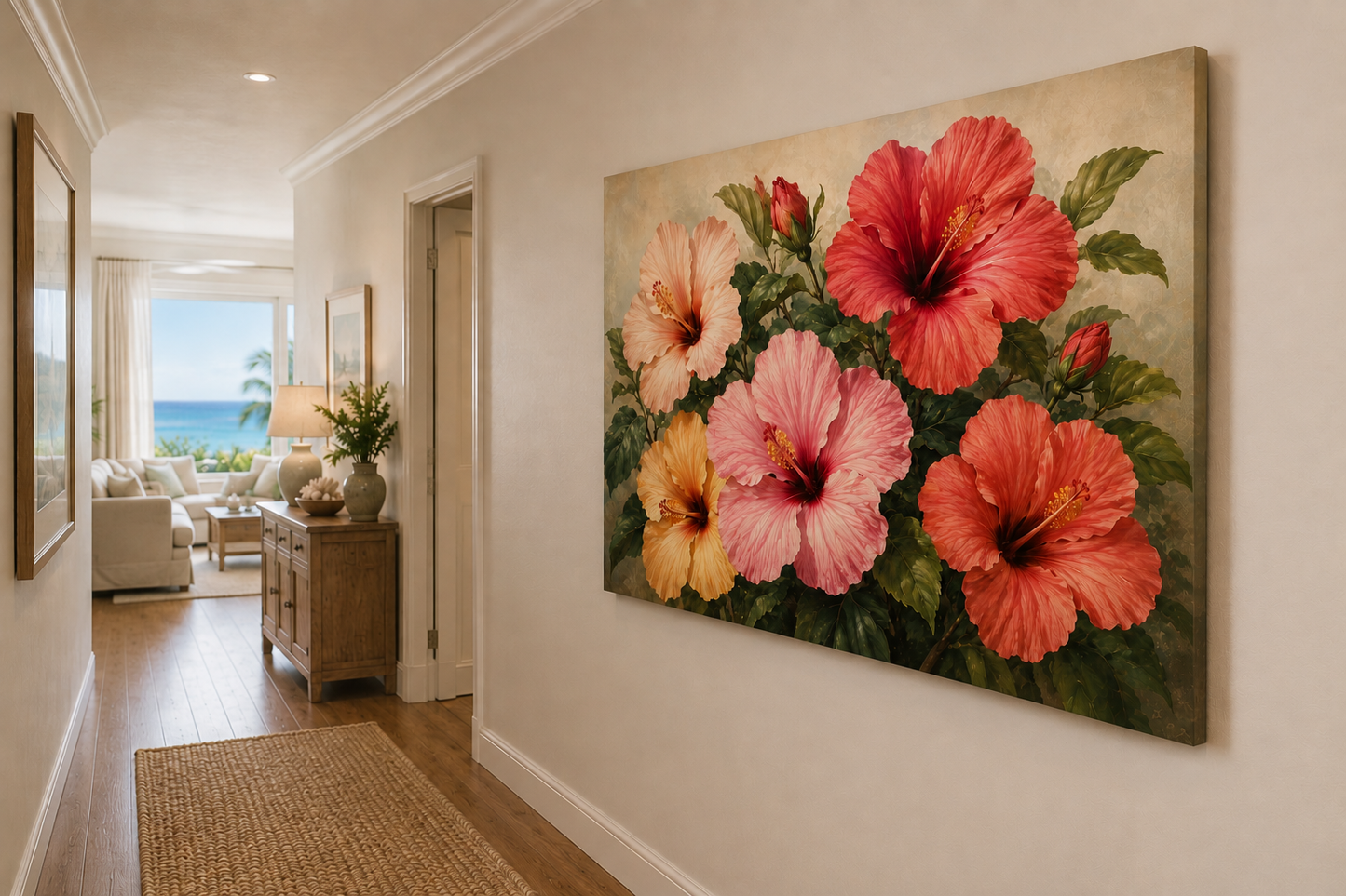 A large rectangular canvas wall art print featuring vibrant hibiscus flowers in pink, coral, and yellow with green leaves, displayed on a beige wall in a modern hallway with hardwood floors and an ocean view in the background.