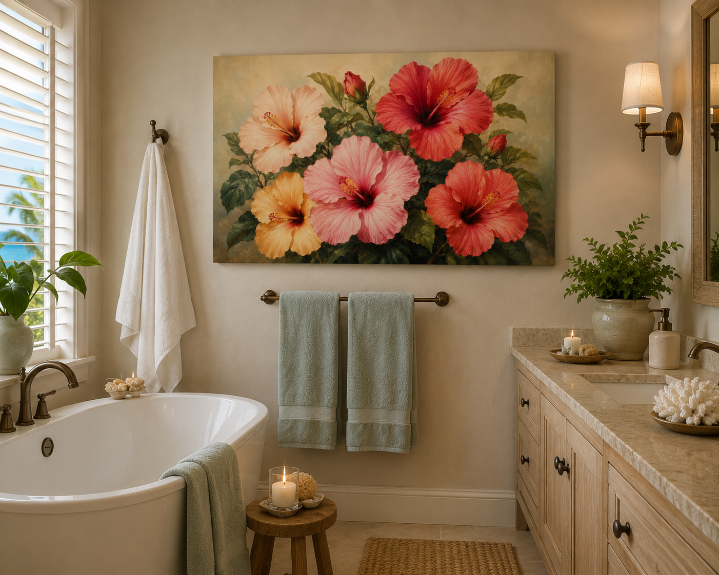 A large rectangular wall art print featuring large pink, coral, and yellow hibiscus flowers with green leaves, displayed in a styled bathroom above a bathtub and towel rack.