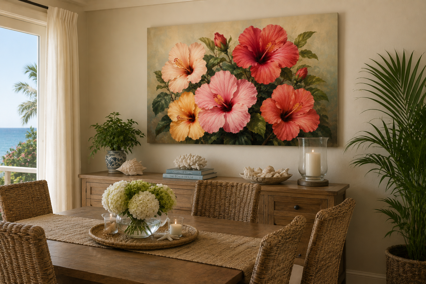 A large rectangular wall art print featuring a floral arrangement of hibiscus flowers in pink, coral, peach, and yellow tones, displayed above a wooden sideboard in a styled dining room with wicker chairs, a plant, and a window overlooking the ocean.