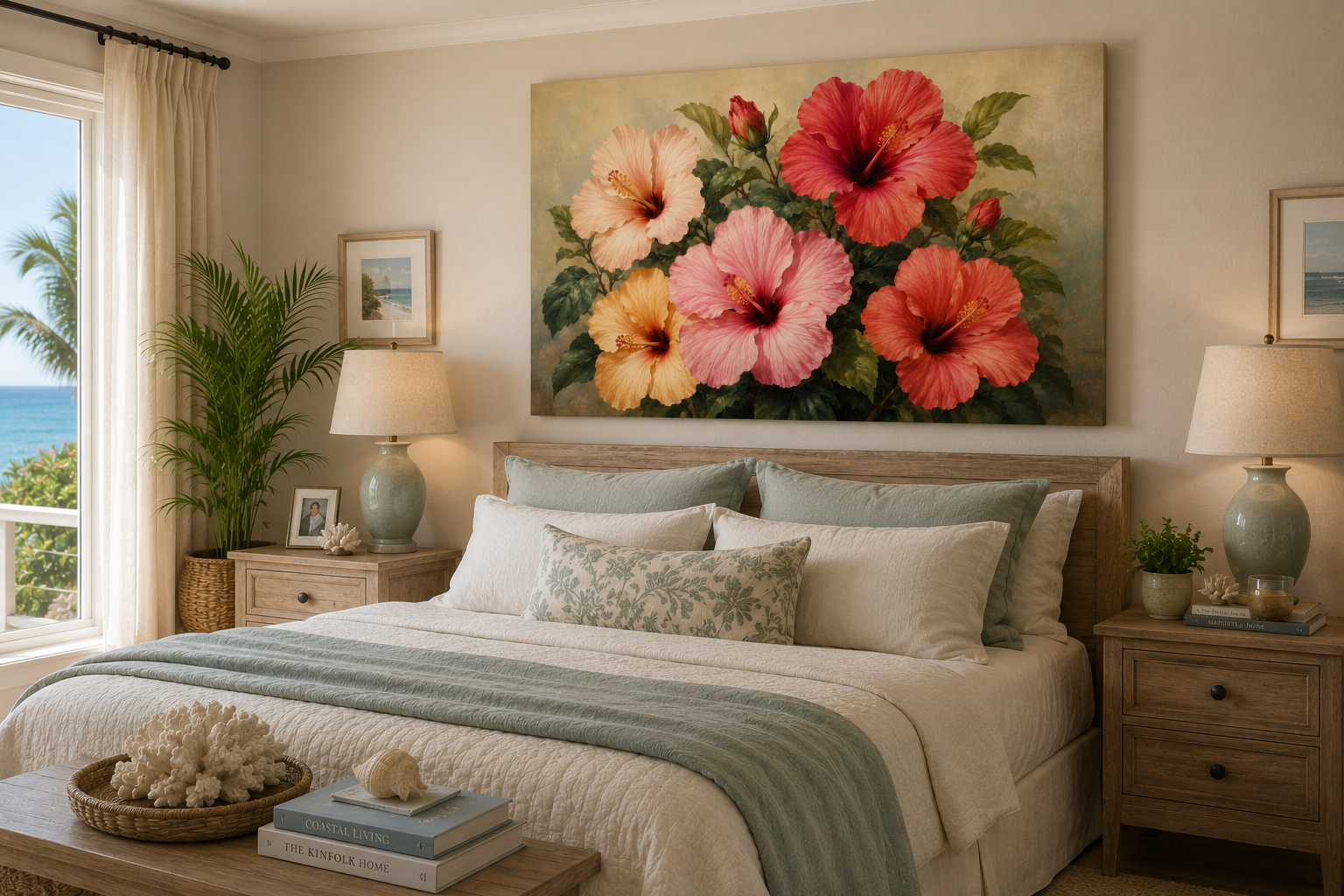 A large rectangular wall art print featuring vibrant hibiscus flowers in coral, pink, peach, and yellow tones with green leaves, displayed above a neatly made bed in a bright, modern bedroom.
