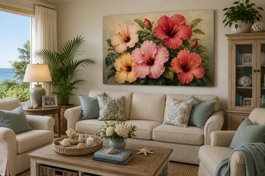 A large rectangular wall art print featuring oversized pink, coral, and peach hibiscus flowers with green leaves, displayed above a cream sofa in a styled coastal living room.