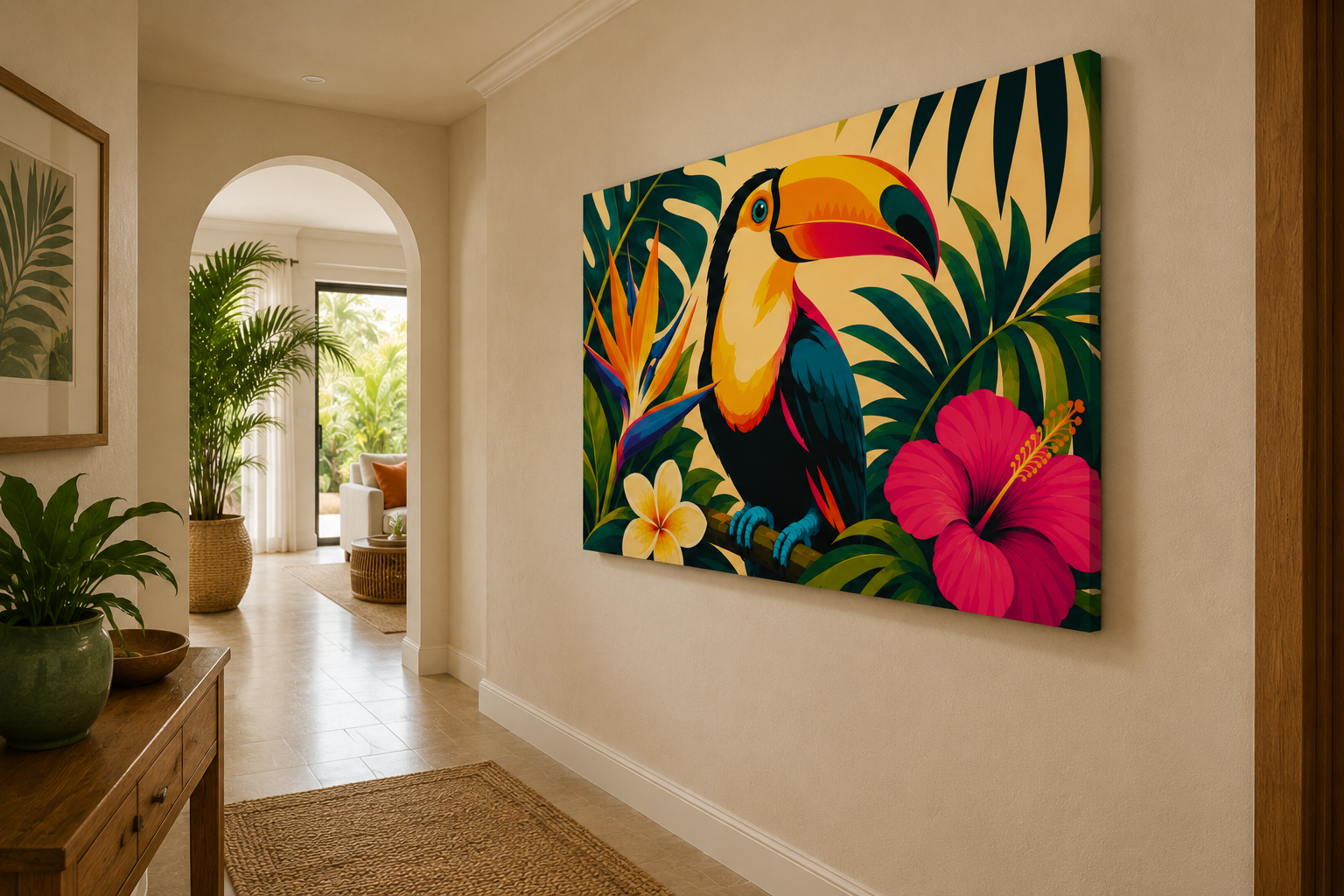 A large rectangular canvas wall art print hanging on a beige hallway wall, featuring a colorful toucan surrounded by tropical leaves and a pink hibiscus flower. The room includes an arched doorway, potted plants, a wooden console table, and a woven rug.