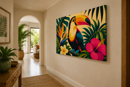 A large rectangular canvas wall art print hanging on a beige hallway wall, featuring a colorful toucan surrounded by tropical leaves and a pink hibiscus flower. The room includes an arched doorway, potted plants, a wooden console table, and a woven rug.