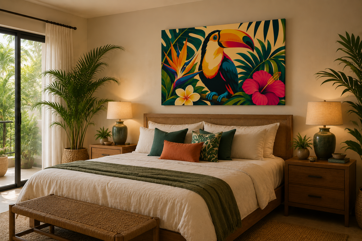 A vibrant tropical wall art print featuring a colorful toucan, hibiscus flower, and palm leaves, displayed above a neatly made bed in a warm, modern bedroom setting.