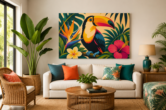 A colorful tropical wall art print featuring a toucan among palm leaves and flowers, displayed above a white sofa in a styled living room with plants, pillows, and a coffee table.