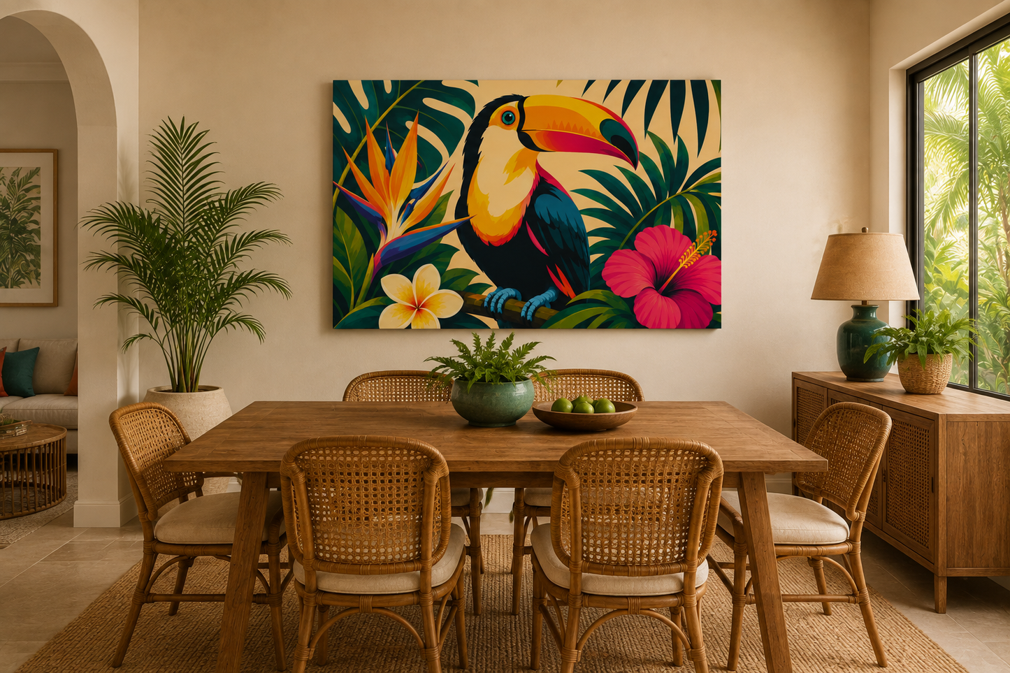 A colorful tropical wall art print featuring a toucan, palm leaves, and flowers, displayed in a styled dining room above a wooden table and chairs.
