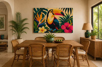 A colorful tropical wall art print featuring a toucan, palm leaves, and flowers, displayed in a styled dining room above a wooden table and chairs.