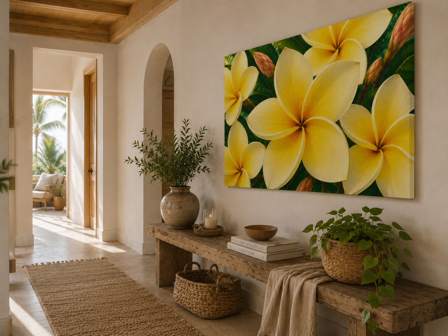 A large square wall art print featuring bright yellow plumeria flowers with green leaves, displayed in a styled home entryway above a rustic wooden bench with plants and books.