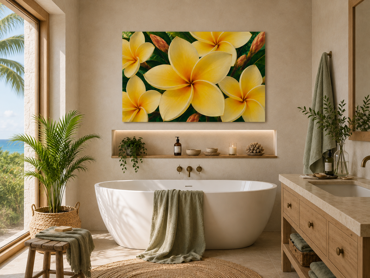 A framed wall art print featuring large yellow plumeria flowers on a dark green background, displayed above a white freestanding bathtub in a warm, modern bathroom with plants, wood cabinetry, and a window overlooking the ocean.