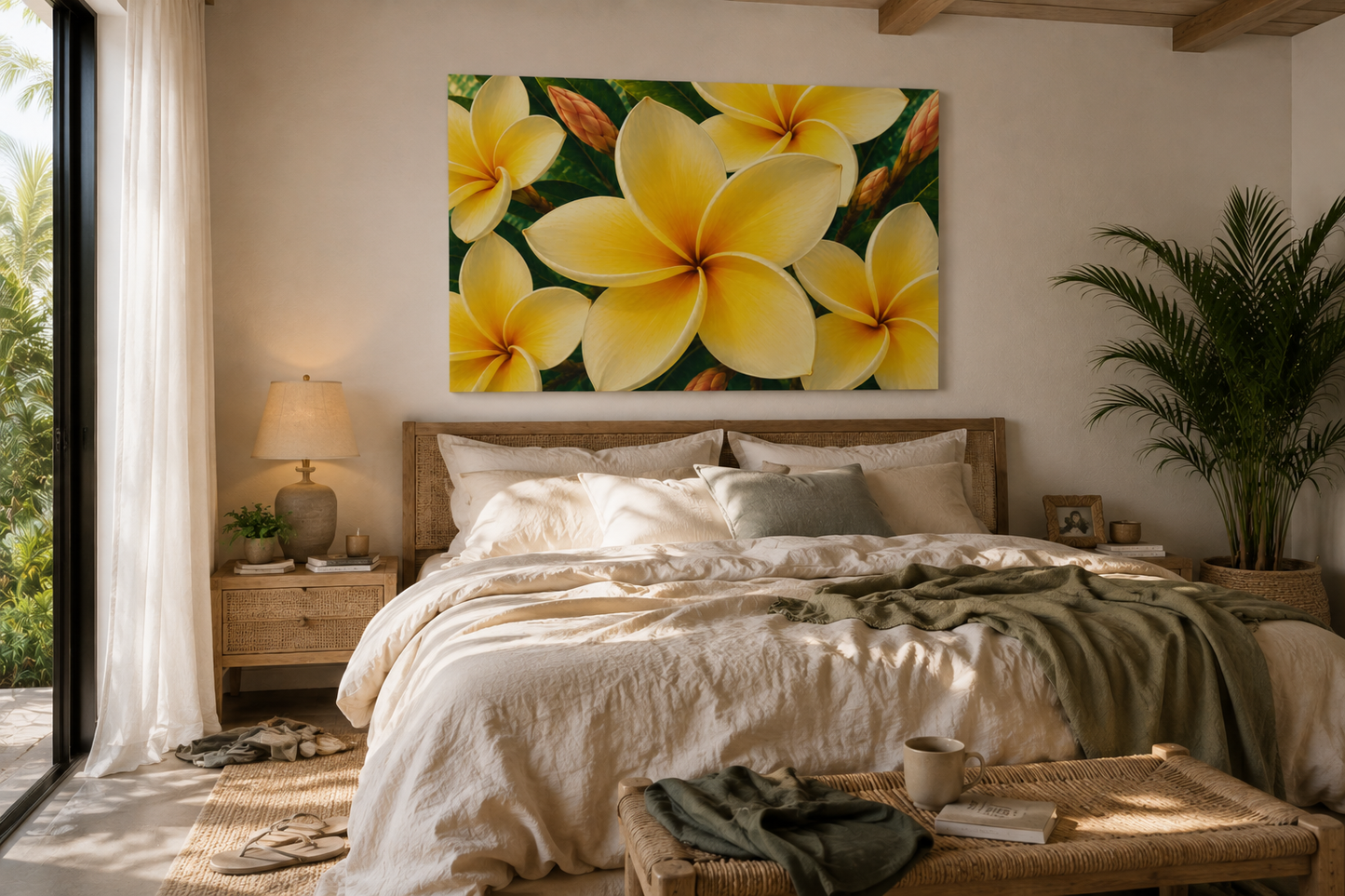 A large rectangular wall art print featuring bright yellow plumeria flowers with green leaves, displayed above a neatly made bed in a warm, modern bedroom.