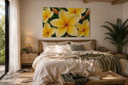 A large rectangular wall art print featuring bright yellow plumeria flowers with green leaves, displayed above a neatly made bed in a warm, modern bedroom.